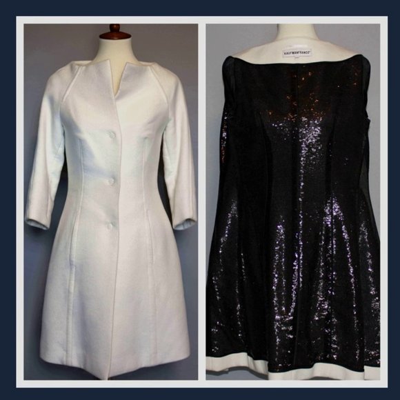Kaufmanfranco Coat White Angora Jacket Black Sequin Silk Lined 4 / 40 Long Small